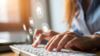 Hands typing on keyboard with floating social media and communication icons