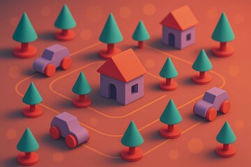 Obraz premium Stylized Miniature Toy Town with Roads, Trees, Cars, and Colorful Houses on Orange Surface