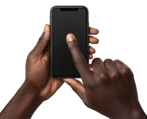 Black hands hold a smartphone.  Touchscreen
