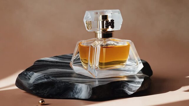 Elegant clear glass perfume bottle with multifaceted crystal stopper atop a marble pedestal.