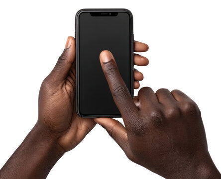 Black hands hold a smartphone.  Touchscreen