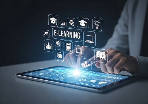 Person interacting with a glowing holographic interface displaying e learning icons and digital education concepts