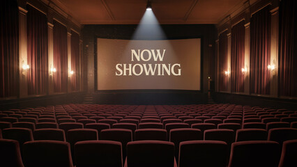 Empty Movie Theater Ready for the Show Now Showing on the Big Screen with Plush Red Seats and Elegant Curtains