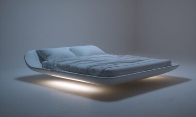 levitating futuristic bed using magnetic cushion system, minimal aesthetic, ambient lighting