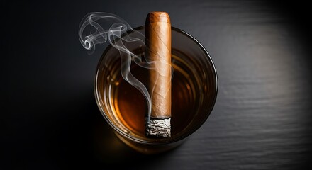 A smoldering cigar resting on the rim of a whiskey glass