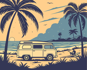Vintage Camper Van Parked by a Tropical Beach with Palm Trees, Sunset Sky, and Relaxing Surfer in Retro Vector Style