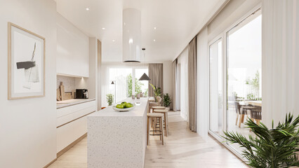 Interior of a modern small Scandinavian dining room showcase. Comfortable hygge flat with orange decoration.