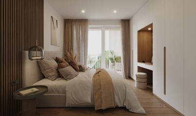 Interior of a modern Scandinavian bedroom showcase. Comfortable hygge bedroom with brown decoration.
