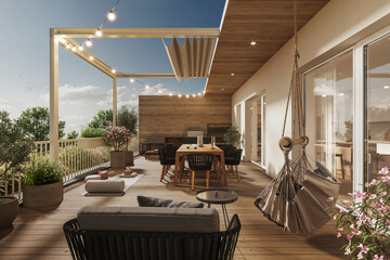 Modern terrace showcase with sofa and chairs, canopy and hanging lights
