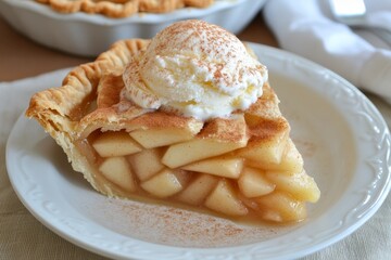 Mouthwatering Slice of Homemade Apple Pie with Flaky Crust and Creamy Vanilla Ice Cream on Top