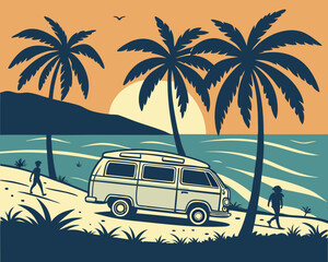 Vintage Camper Van Parked by a Tropical Beach with Palm Trees, Sunset Sky, and Relaxing Surfer in Retro Vector Style