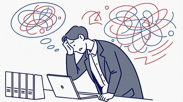 Frustrated businessman or worker facing anxiety, stress, and confusion at business desk with overwhelming thoughts and burnout