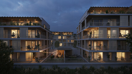 Modern Apartment Complex at Night with Cozy Balcony Lighting and Community Courtyard