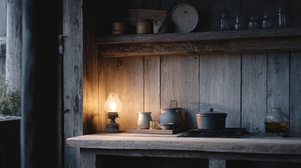Rustic kitchen scene featuring warm light from an oil lamp illuminating wooden shelves filled with vintage kitchenware and a cozy atmosphere
