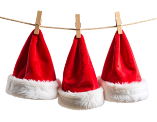 Santa Hat Hanging from a Clothesline with Wooden Clothespins, Front Angle, Isolated