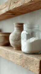 Rustic kitchen shelf displays glass jar of flour alongside handcrafted pottery, showcasing natural textures and warm rural aesthetic of slow living