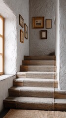 Cozy staircase with natural wooden steps and textured walls, adorned with vintage frames, creating a warm and inviting rural atmosphere