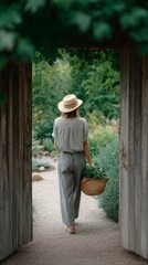 Woman in straw hat walks through rustic archway carrying basket of fresh herbs, embracing serene rural lifestyle and slow living aesthetic