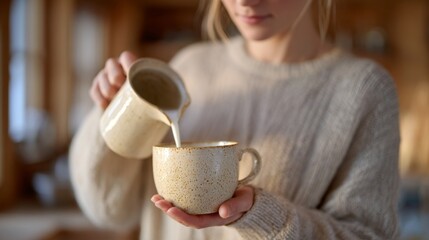 Woman in cozy sweater pours milk into a speckled ceramic cup, capturing the essence of slow living and warm rural aesthetics