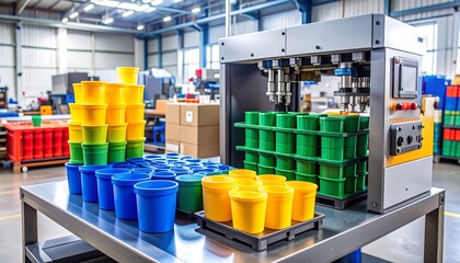 Automated plastic manufacturing process showcasing vibrant colorful containers distribution
