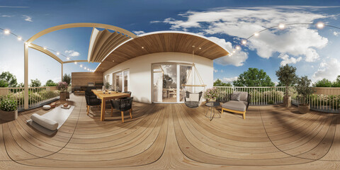 360° exterior panorama of modern terrace with table and exterior kitchen rendering showcase.