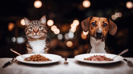 Dog and Cat Dining Together at Restaurant Table
