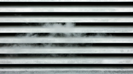 Obraz premium Smoke flowing through horizontal metal vent slats creates mysterious and industrial atmosphere with soft white mist and dark shadows