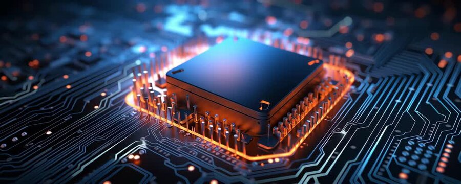 Microchip glowing with orange light on circuit board featuring detailed electronic component connections and advanced technology design