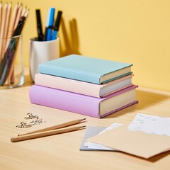 Naklejka premium Pastel colored books stacked on a wooden desk with stationery in a bright and cheerful office space