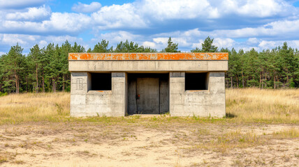 Minimal exterior of reinforced concrete bunker with orange trim camouflaged in forest clearing under blue sky with clouds
