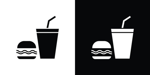 Hamburger and soft drink cup icon set in black glyph style. silhouette collection vector illustration.