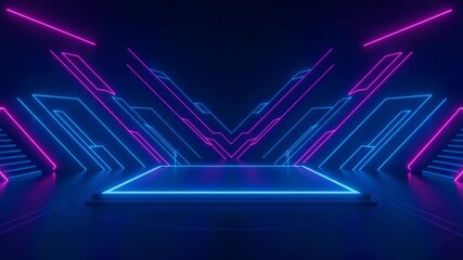 Abstract Neon Light Stage in Dark Studio with Blue and Magenta Geometric Lines - Digital Illustration
