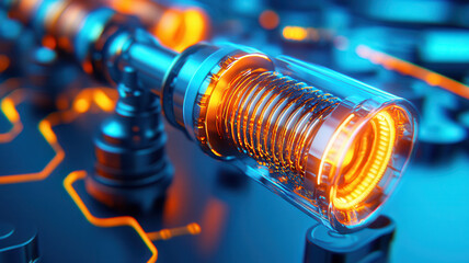 Futuristic glowing mechanical component with transparent casing and intricate coil design emitting warm light in high tech environment