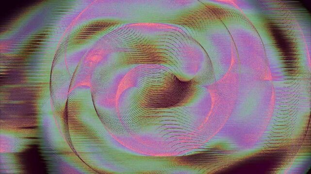 Psychedelic pink and green circles rotate in chromatic pulse over hazy background texture