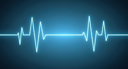 A bright blue neon electrocardiogram line on a dark blue gradient background