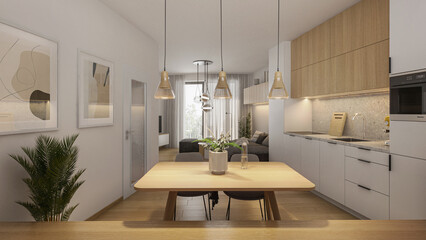 Interior of a modern living room showcase. Modern small flat interior kitchen, living room