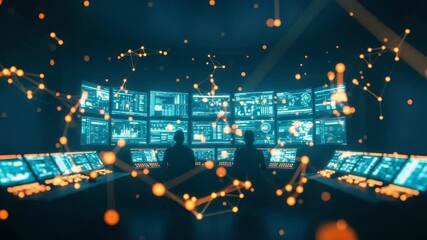 A futuristic control room filled with multiple screens displaying data and analytics where two operators monitor and analyze information amidst a backdrop of glowing network connections - Powered by Adobe