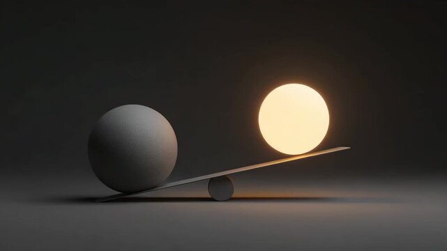 This abstract setup uses tonal spheres on an unbalanced scale to express the asymmetry of differences and hidden pressure.