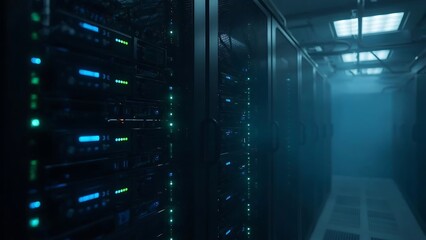 Server rack with blinking blue and green status LEDs in a cool, sterile data center environment, atmospheric haze, cinematic composition, 4K.