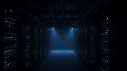 Fototapeta premium Server room illuminated only by blinking server LEDs in near darkness, cooling pipes faintly visible, atmospheric haze, ultra-realistic, 4K.