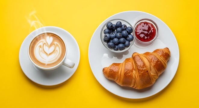 Delicious french breakfast with croissant coffee and blueberries on a yellow background