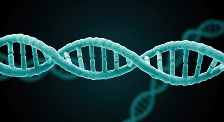 A cyan DNA double helix against a dark background