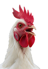 Vibrant white rooster with bright red comb and wattle, captured in a detailed portrait