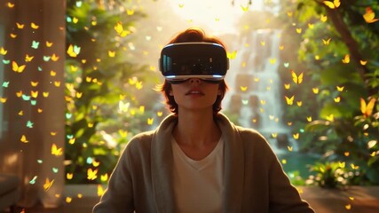 Woman in wheelchair experiencing virtual reality, an immersive nature escape with butterflies and waterfall. - Powered by Adobe