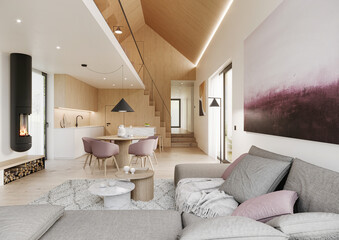 Interior of luxury wooden apartment comfortable living room with open space, 3D rendering