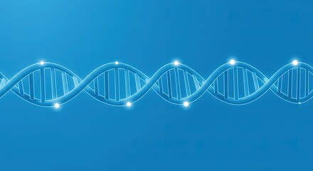 A glowing blue DNA strand on a solid blue background