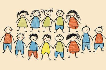 Playful illustration of diverse group of children expressing friendship