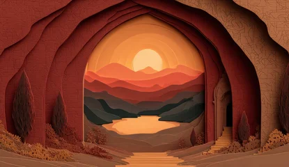 Keuken achterwand Bordeaux Layered paper art of a cave opening to a sunset landscape  © Gopyx