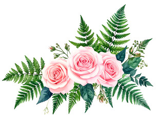 Elegant pink roses and green ferns watercolor arrangement on black, romantic floral design