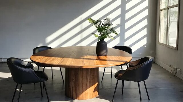 Modern dining setup featuring a round wooden table with stylish black chairs and a vase